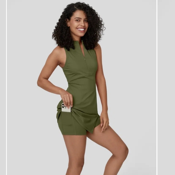 Zipper Racerback Split Side Pocket 2-Piece Mini Tennis Active Dress - Picture 2 of 6